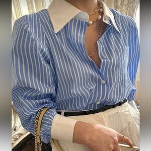SHEIN Blue and White Striped Button Down Shirt